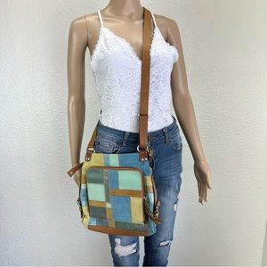 Fossil Crossbody Bag #75082 Leather Suede Multicolored Patchwork blue green